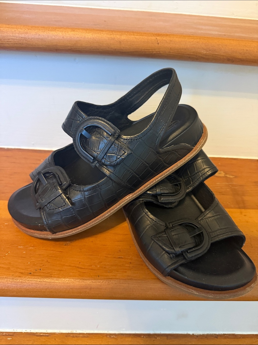 Sofft Black Croc-Embossed Slingback Sandals with Buckle Detail